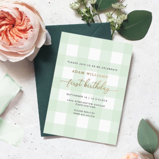En Aluminium Invitation d'anniversaire premier vert gingham feu