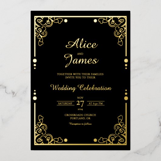 En Aluminium Invitation de mariage classique luxe noir avec feu (Recto)