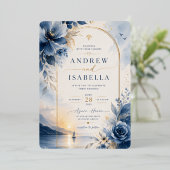 En Aluminium Invitation de mariage florale royale bleue (Debout devant)