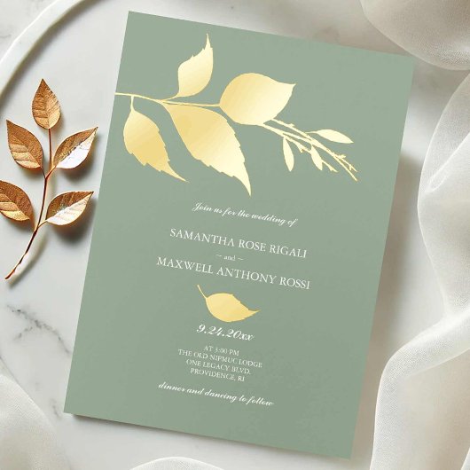 En Aluminium Invitation de mariage verte moderne avec feuille d