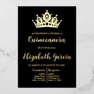 En Aluminium Invitation de quinceañera noir et or