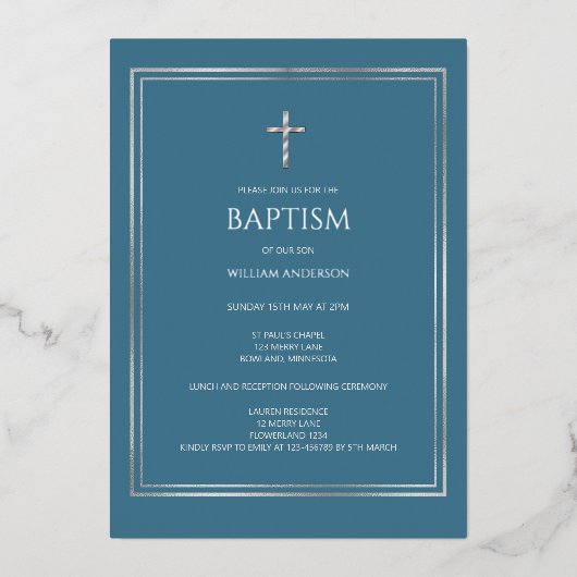 En Aluminium Invitation garçon Croix d'argent bleu poussiéreux  (Recto)
