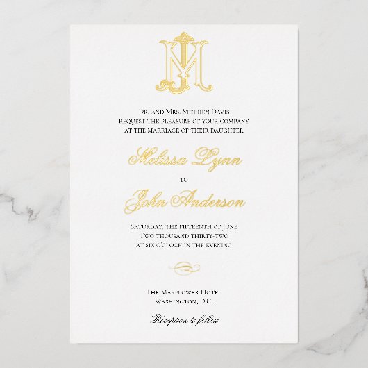 En Aluminium Invitation Gold Foil JM Monogramme ou MJ Monogramm (Recto)