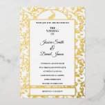 En Aluminium Invitation Mariage de vignes Peacock<br><div class="desc">Véritable Huile D'Or Dorée. Ce faire-part de mariage est présenté dans une configuration Royale dorée sur un joli arrière - plan de vigne en feuille d'or. Retournez à l'envers pour trouver une très grande impression de paon doré. Vigne d'or arrière - plan d'impression. Couleur du texte Noir. Personnalisez cet élément...</div>