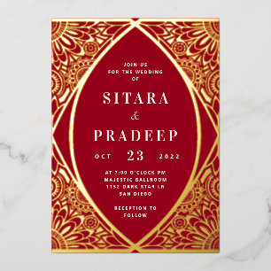 En Aluminium Invitation Red and Gold Arabesque Foil