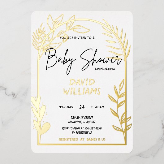 En Aluminium Invitation simple de Baby shower blanc et or (Recto)