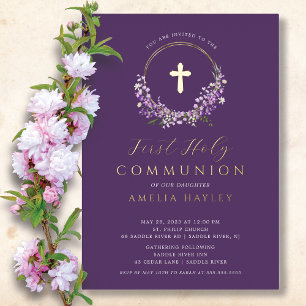 En Aluminium Lilac Floral Girls First Communion Foil Invitation