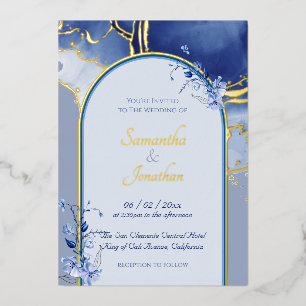 En Aluminium Moderne Blue Aqua Marbre Mariage Foil Invitation