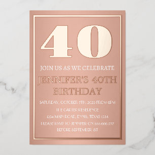 En Aluminium Moderne Invitation 40 Ans Anniversaire Rose Or Feu