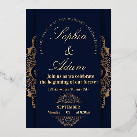 En Aluminium Navy & Gold Mandala Invitation (Recto)
