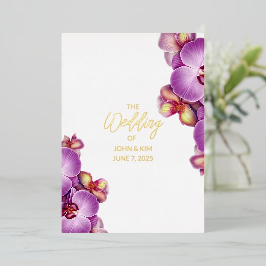 En Aluminium Orchidées Mariage Gold Foil Invitation (Debout devant)