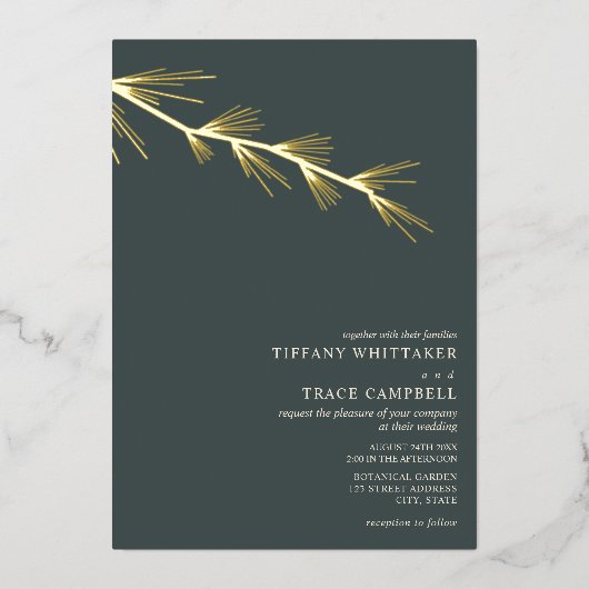 En Aluminium Pine Tree Branch Emerald Mariage Foil Invitation (Recto)