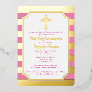 En Aluminium Pink, Gold Foil Stripe 1er Invitation de communion