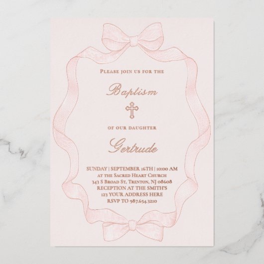 En Aluminium  pink ribbon frame Baptism Invitation (Recto)