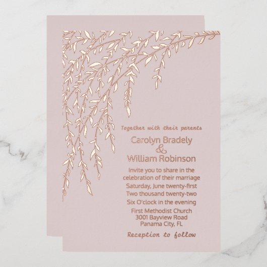 En Aluminium Rose Gold Willows Blush Mariage Foil Invitation (Recto/Verso)