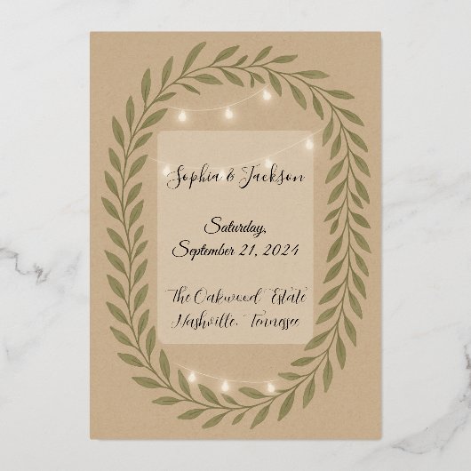 En Aluminium Rustic Olive Green Wedding Invitation with String  (Recto)
