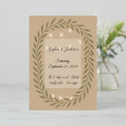 En Aluminium Rustic Olive Green Wedding Invitation with String (Debout devant)