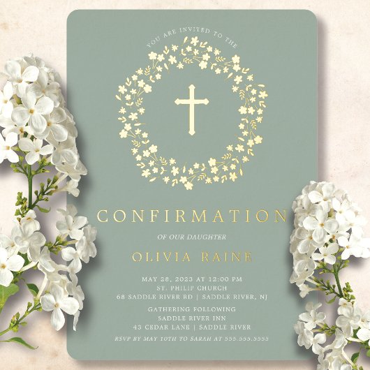 En Aluminium Sage Floral Confirmation Foil Invitation
