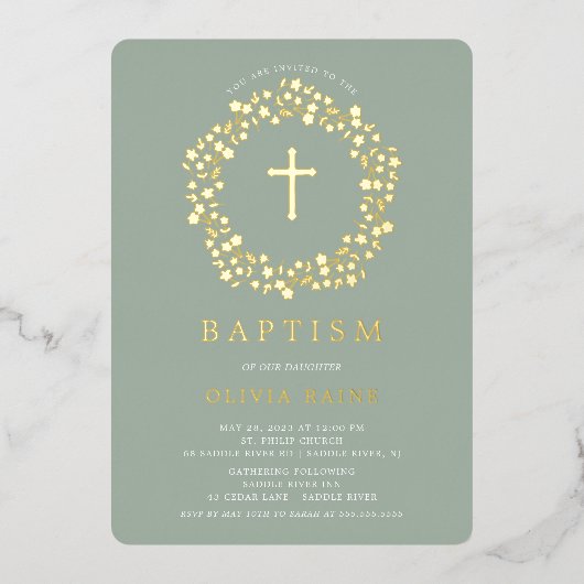 En Aluminium Sage Floral First Baptism Foil Invitation (Recto)