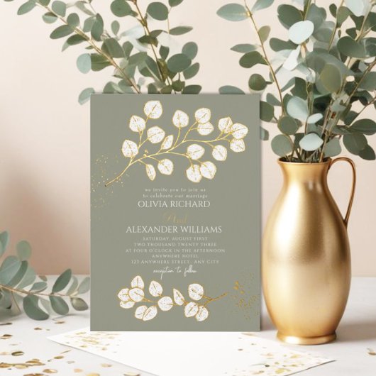 En Aluminium Sage Green Glod Mariage Real Foil Invitation