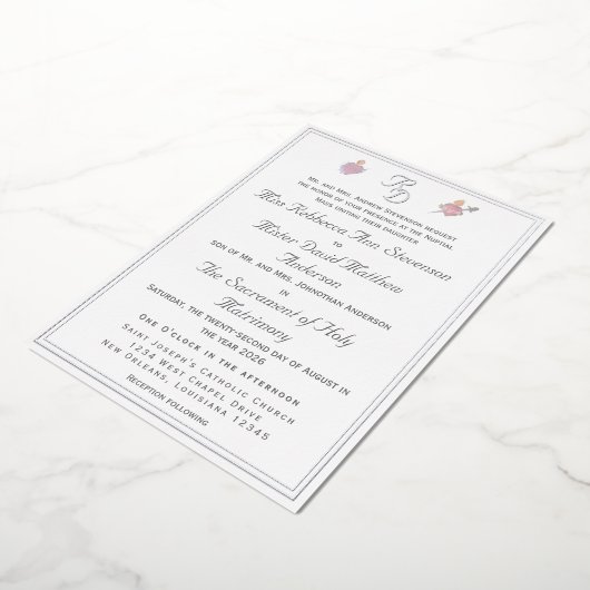 En Aluminium Silver Two Hearts Catholic Wedding Foil Invitation (Rotation)