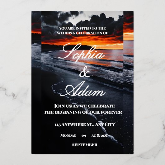 En Aluminium Sunset Beach Wedding Invitation (Recto)