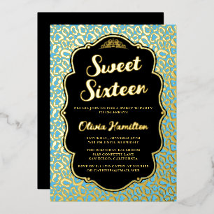 En Aluminium Sweet 16 Blue Leopard Foil Invitation