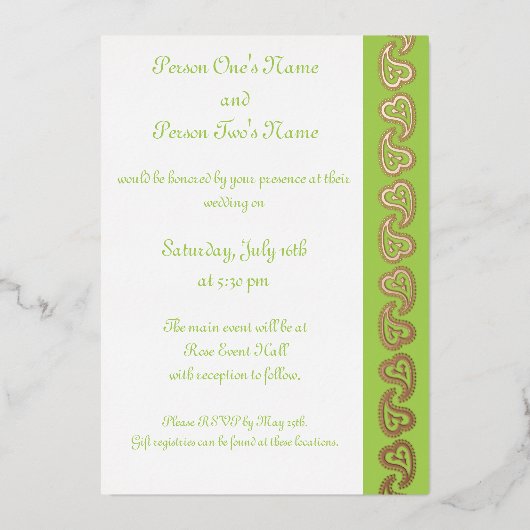 En Aluminium Sweet Paisley Hearts in Peridot Foil Invitation (Recto)