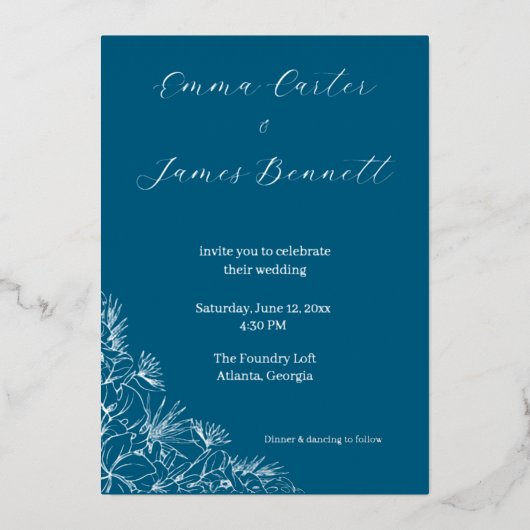 En Aluminium Teal Modern Botanical Wedding Foil Invitation (Recto)