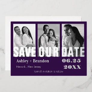 En Aluminium Triple Photo Purple, Grey VRAI Foil Invitation