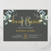 En Aluminium Verdure Botanique Script Sweet 16 Foil Invitation (Recto)
