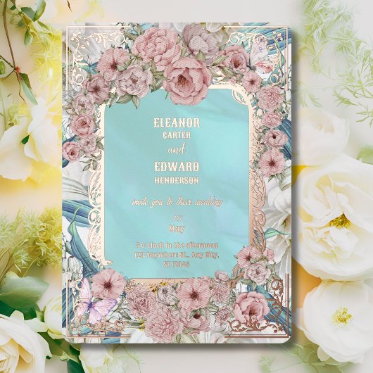 En Aluminium Vintage Blue Peony Mariage Foil Invitation