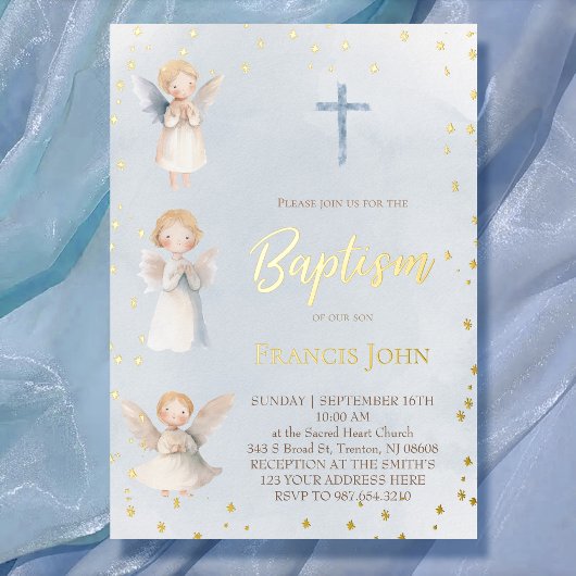 En Aluminium watercolor angels Baptism Foil Invitation