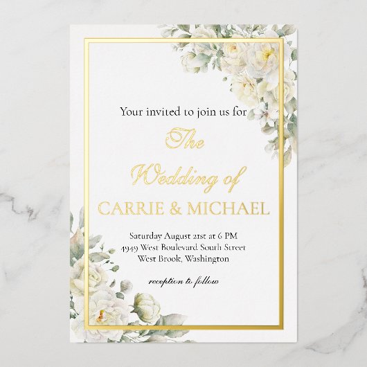 En Aluminium White Roses Foil Wedding Invitation (Recto)