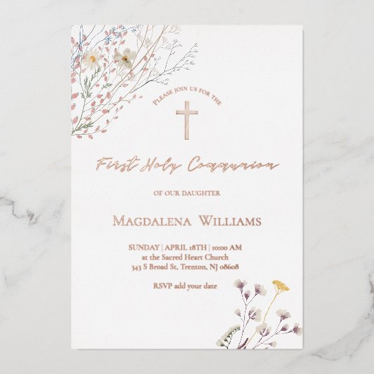 En Aluminium wildflowers | First Communion Invitation (Recto)