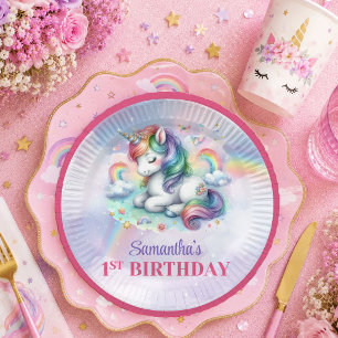 En Carton Assiettes Anniversaire Fille Licorne Rose Violet C