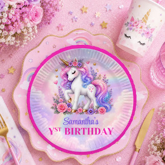 En Carton Assiettes Anniversaire Fille Licorne Rose Violet M