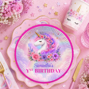 En Carton Assiettes Anniversaire Fille Licorne Rose Violet T