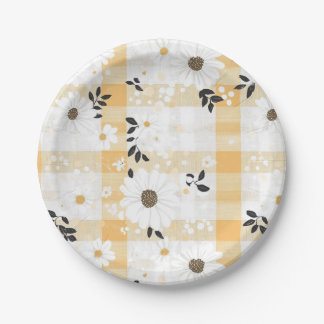 En Carton Assiettes carreaux jaunes gais & petites fleurs
