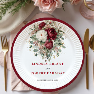 En Carton Assiettes de mariage dorées à fleurs burgundy bohè