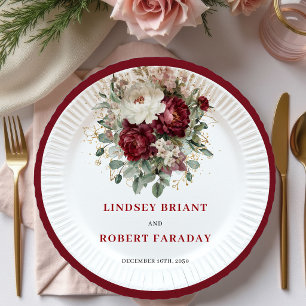 En Carton Assiettes dorées florales au marsala et eucalyptus