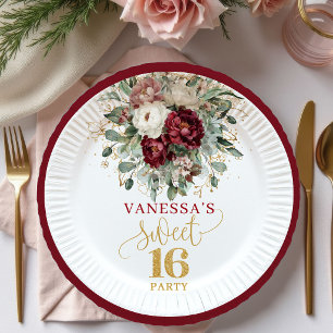 En Carton Assiettes Fleuries Rose Poudré et Bourgogne pour S