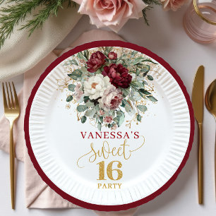 En Carton Assiettes Fleuries Rose Poudré et Bourgogne pour S