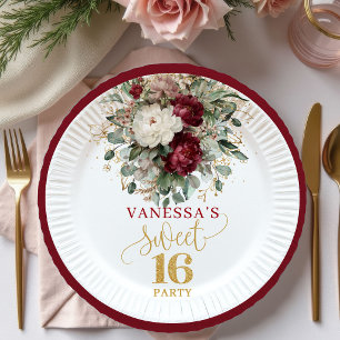 En Carton Assiettes florales roses bordeaux Sweet 16 vibrant