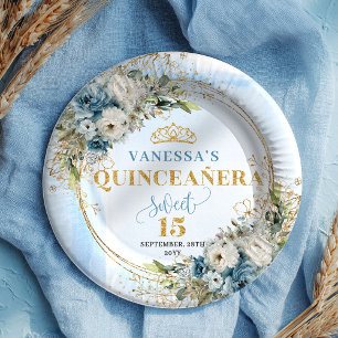 En Carton Assiettes Personnalisées Quinceañera Florales Bleu