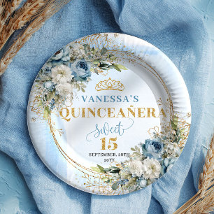 En Carton Assiettes Quinceañera personnalisées Fleurs Bleu P