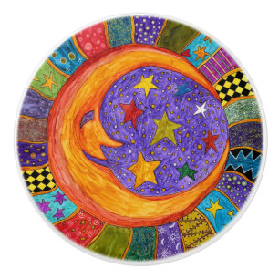 En Céramique Bouton de porte Soleil, Lune et Étoiles - Céramiqu