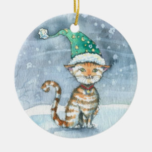 En Céramique Chat Tabby Sucré Ornement de Chapeau de Fête