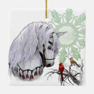 En Céramique Cheval de Noël et cardinaux Ornement recto verso