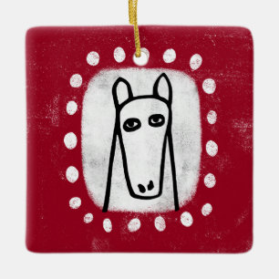 En Céramique Cheval drôle sur ornement rouge